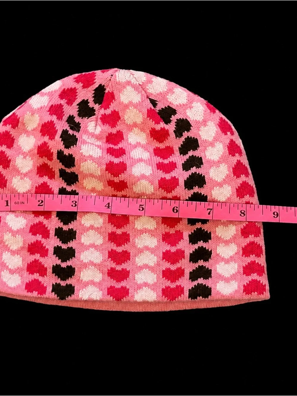 Girls Pink Multicolor Heart Print Knit Beanie Winter Hat Size 7-14